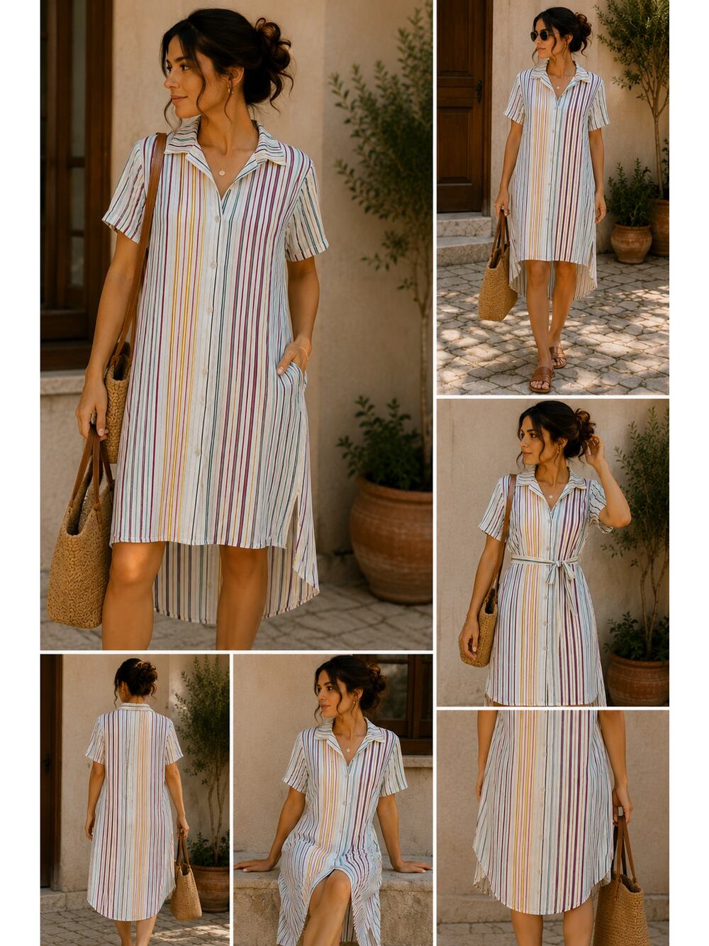 Striped Linen Shirt Dress Midi L Coastal Grandma Button Front High Low Hem